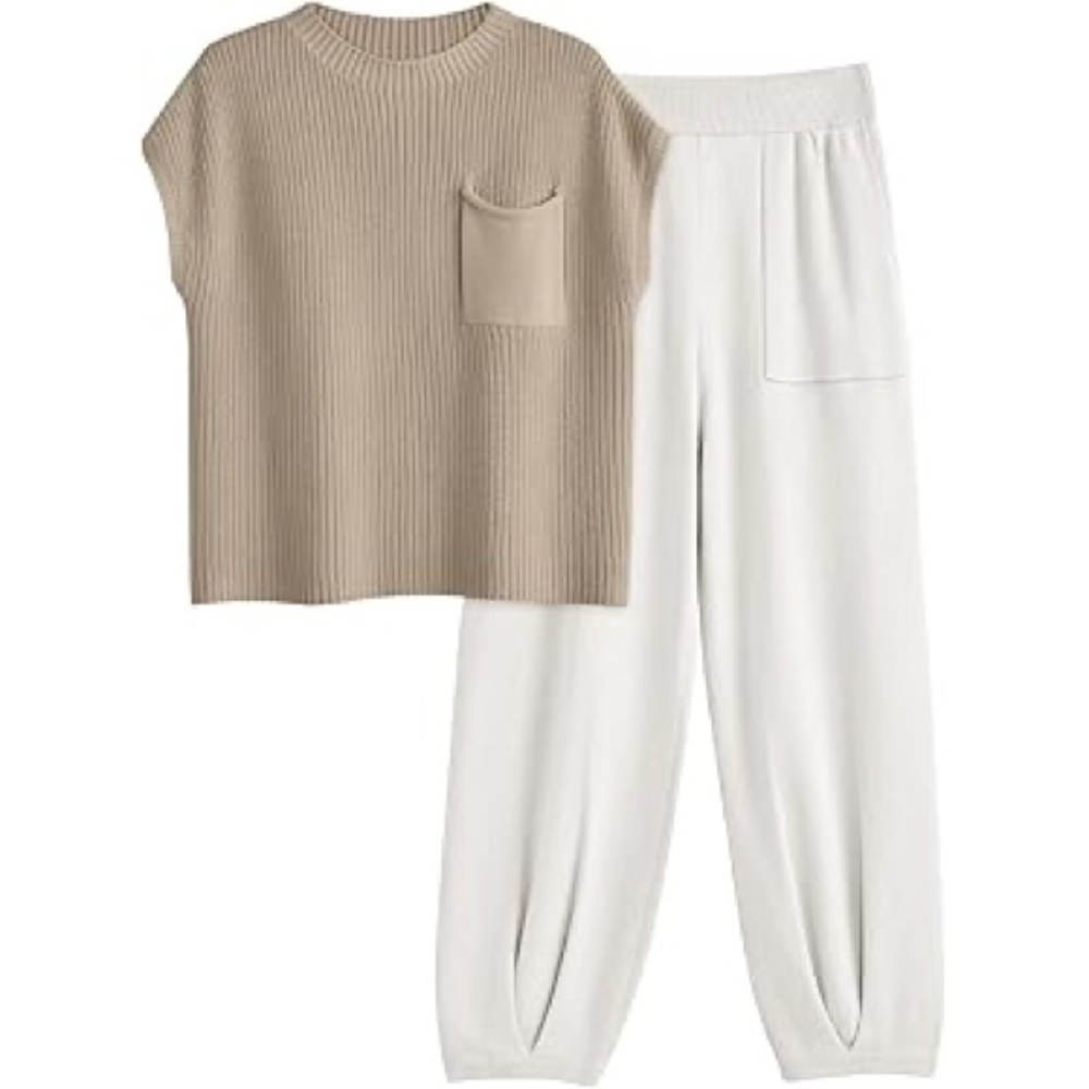 Amazon 2Pc Khaki Knit Top White High Waist Knit Jogger Pant Lounge Set M NWOT - Picture 4 of 16